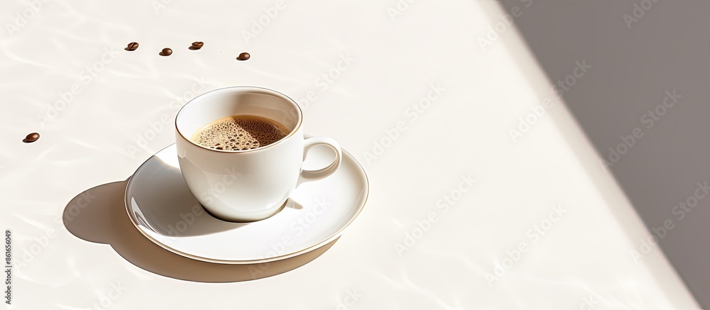 Aufkleber In the morning light, a cup of coffee is placed on a white background with a shadow, creating a visually appealing copy space image.