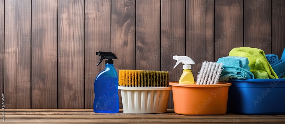 Poster cleaning equipment placed in a basket on a wooden background with copy space image.