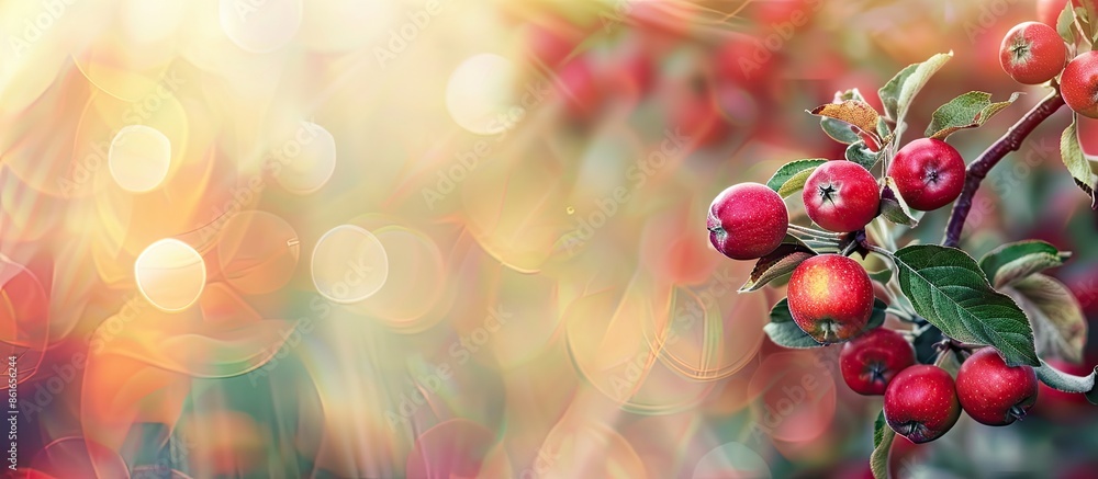 Poster Autumn-themed banner featuring a branch of a native apple tree with small red fruits on a blurred background for a copy space image.