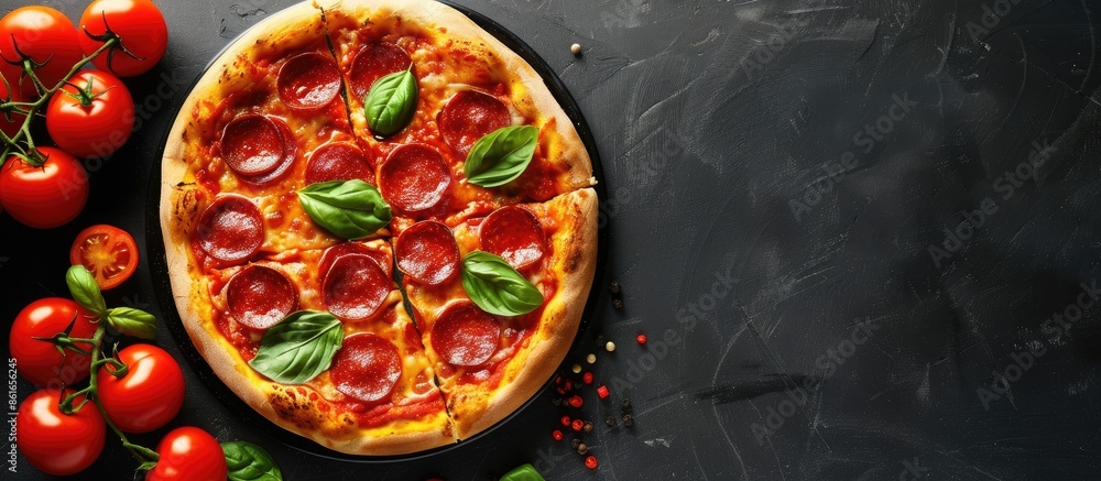Aufkleber a delicious pepperoni pizza displayed with fresh tomatoes and basil on a stylish black background. t