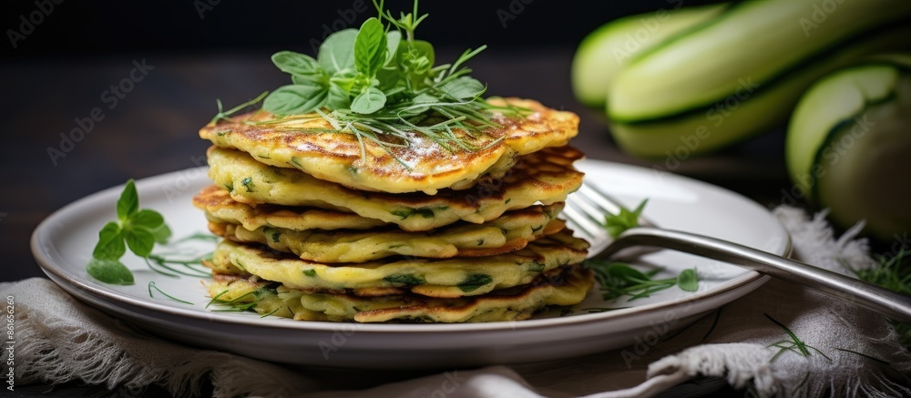 Poster zucchini pancakes stacked on a white plate with herbs, showcasing selective soft focus. ideal for te