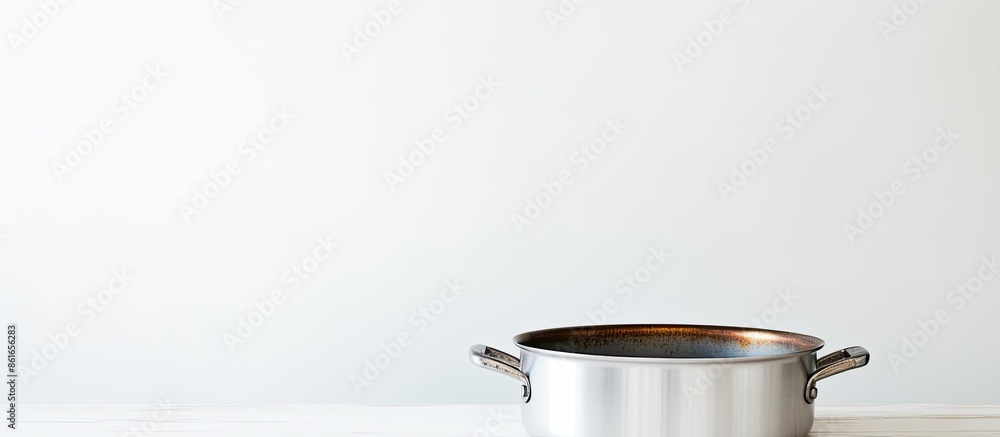 Poster An empty pan is placed on a white table with a plain background providing copy space image.