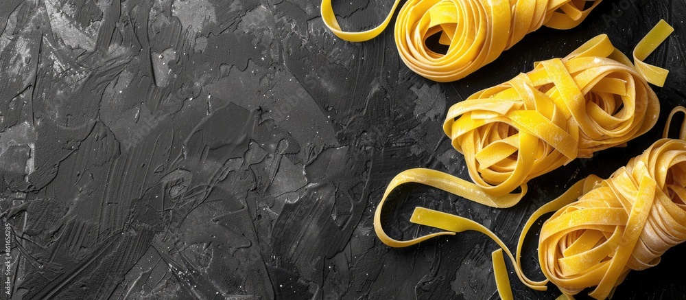 Aufkleber Image shows uncooked Italian tagliatelle pasta on a black background with space for text. with copy space image. Place for adding text or design