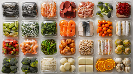 A photorealistic top-down wide-angle image displaying a diverse assortment of fresh and packaged foods. The neatly organized array includes fruits, vegetables, meats, seafood, and dairy products.