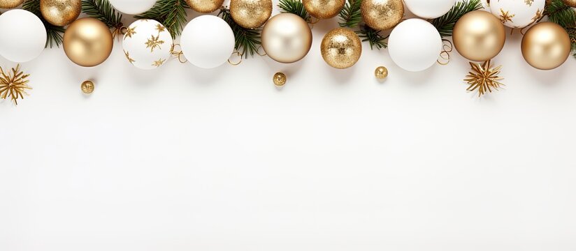 Festive holiday arrangement with white background, featuring Christmas and New Year decorations like balls. Creative concept for winter celebrations, viewed from above with room for text or images