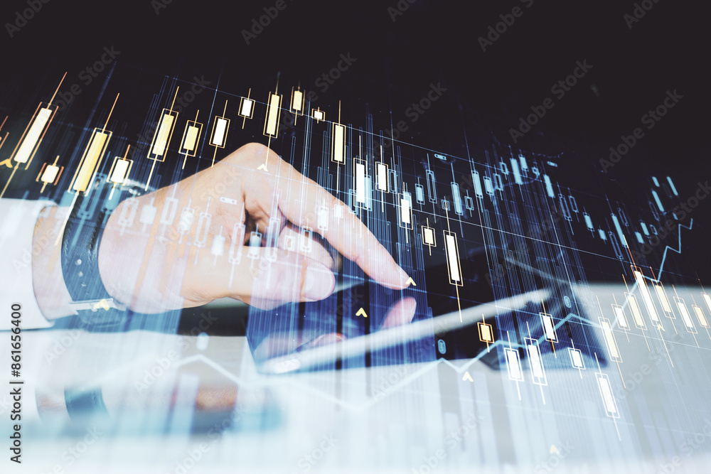 Poster multi exposure of abstract financial diagram and hand working with a digital tablet on background, b