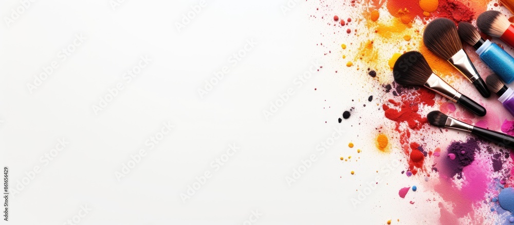 Poster Decorative cosmetics and brushes creatively arranged in a frame on a white background in a top-view copy space image.