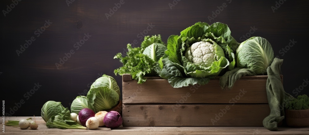 Poster A wooden box filled with fresh cabbages rests on a grey table, providing a rustic and natural aesthetic in the copy space image.