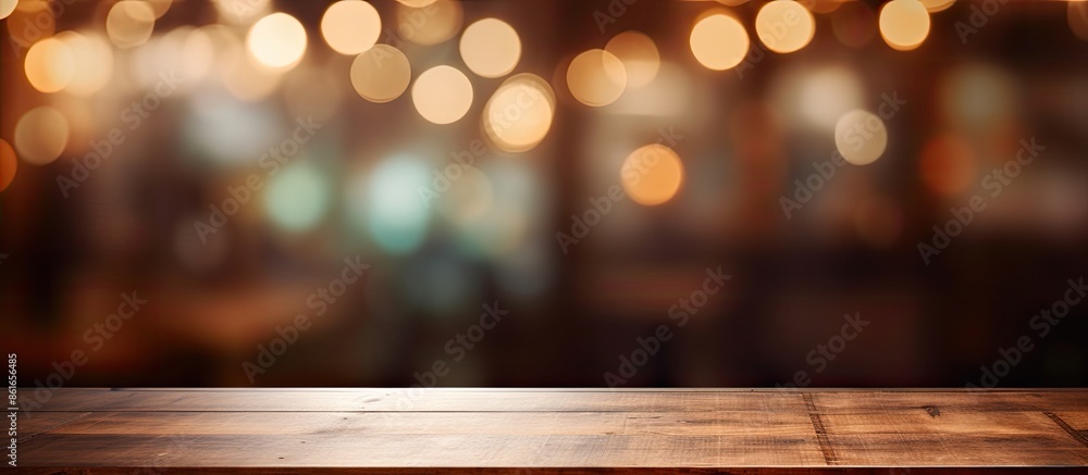 Aufkleber coffee shop or restaurant blurred background with bokeh effect, emphasizing an empty brown wooden ta