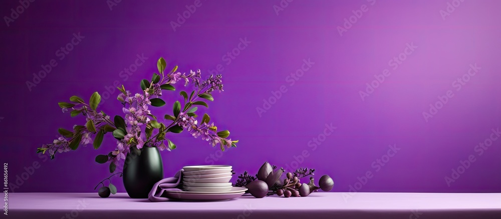 Poster minimalistic table arrangement on a vibrant purple backdrop with copy space image.