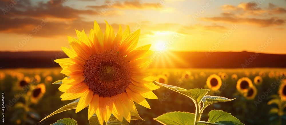 Poster a sunflower in a field at sunset, with a backlit setting, offering a scenic view with copy space ima
