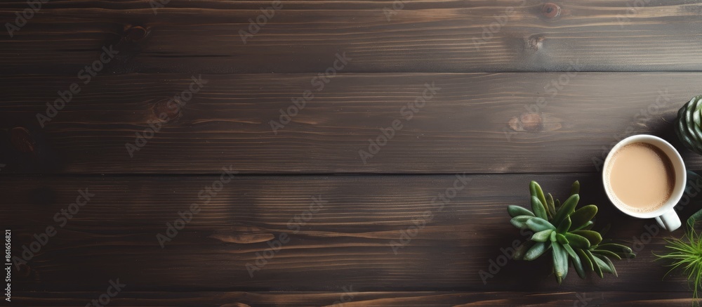 Poster Flat lay view of a neat setup on a wooden table featuring a small chalkboard, coffee cups, a plant, glasses, and offering space for text in the image. with copy space image