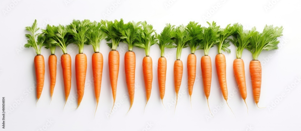 Poster baby carrots arranged on a white backdrop with copy space image.