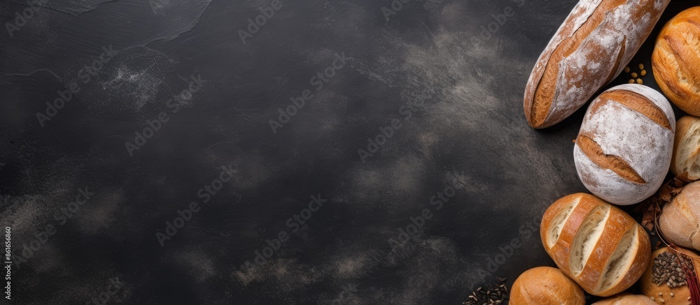 Leinwandbilder Top view of a selection of rustic bread and rolls on a stone surface, with a blank area for adding your text in the image. with copy space image. Place for adding text or design