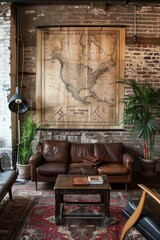 Vintage Map and Lounge Area in Industrial Loft.