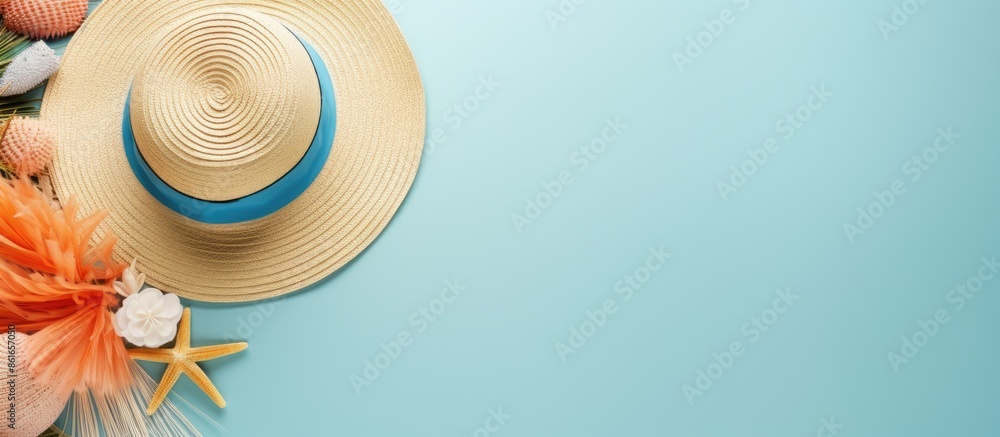 Poster top view of beach accessories on colored background with copy space image.