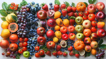 Top-down wide-angle photorealistic image showcasing a vibrant assortment of fresh fruits arranged in a colorful and aesthetically pleasing pattern.