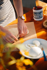 Making pizza dough. Female chef. Outdoor Dining table of Homemade Pizza, Fresh Ingredients and wine. Italian dream countryside romantic dinner 
