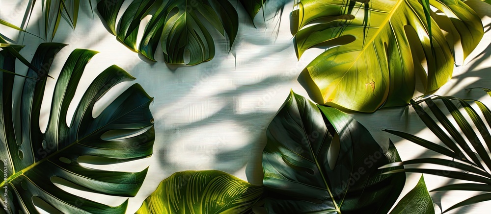 Aufkleber artistic arrangement of vibrant tropical leaves on a white backdrop illuminated by sunlight, casting