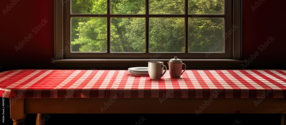 Aufkleber Table by the window adorned with a red and white checkered tablecloth, providing a blank area for designs or text in the image. with copy space image. Place for adding text or design