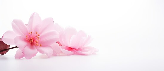 White background with a pink spa flower providing copy space image.