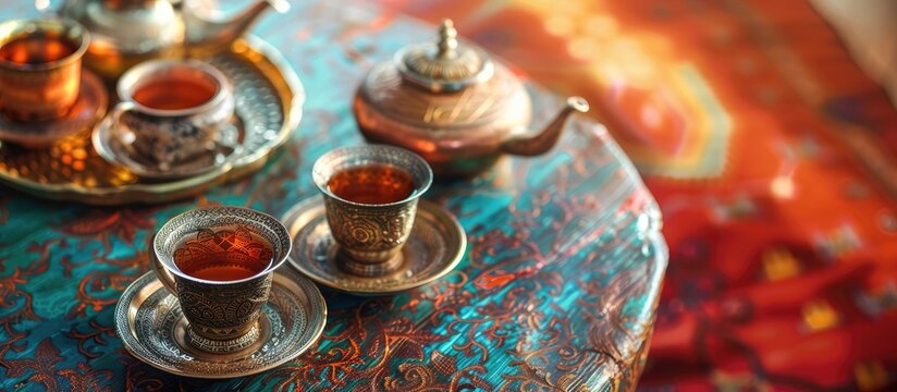 Festive moroccan tea table setting. Oriental hospitality. Copy space image. Place for adding text or design