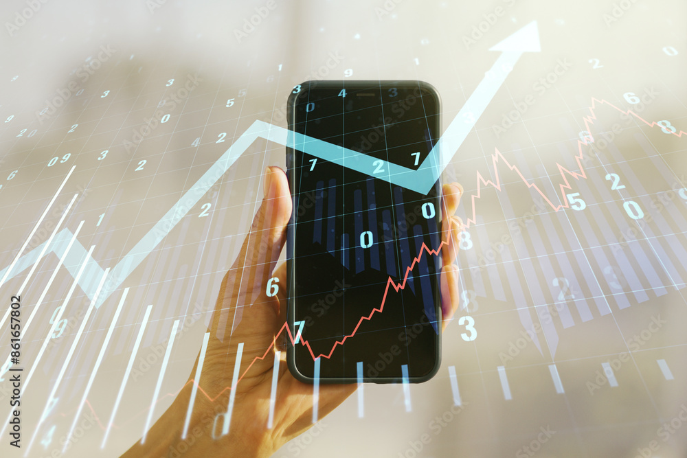 Poster multi exposure of abstract financial graph with upward arrow and hand with mobile phone on backgroun