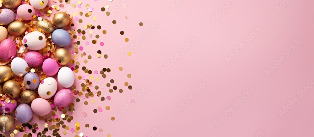 Poster a top-down view of decorated pink and gold eggs surrounded by colorful confetti, set against a pink 