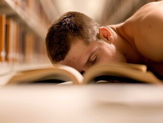 Young Caucasian Male College Student Studying Intensely in a Quiet Library Setting Surrounded by Bookshelves