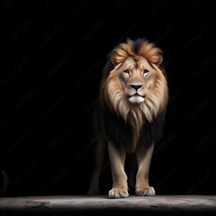 Obraz premium A majestic male lion with a full mane standing on a dark background