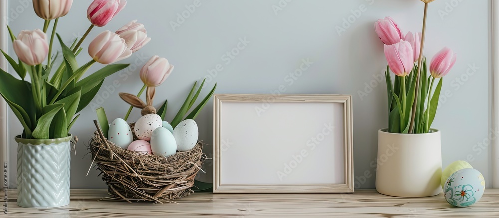 Aufkleber A table displaying a blank photo frame surrounded by a nest filled with Easter eggs, rabbits, tulips, all against a light wall, creating a perfect copy space image.