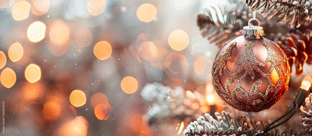 Poster detailed view of a christmas tree ornament against a festive backdrop with copy space image.