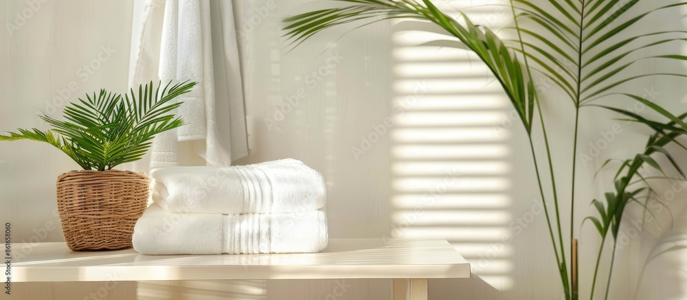 Aufkleber White table with a houseplant and towels for a product display montage featuring a copy space image.