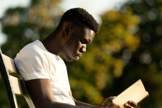 Focused African-American College Student Reading in Peaceful Campus Park at Sunset
