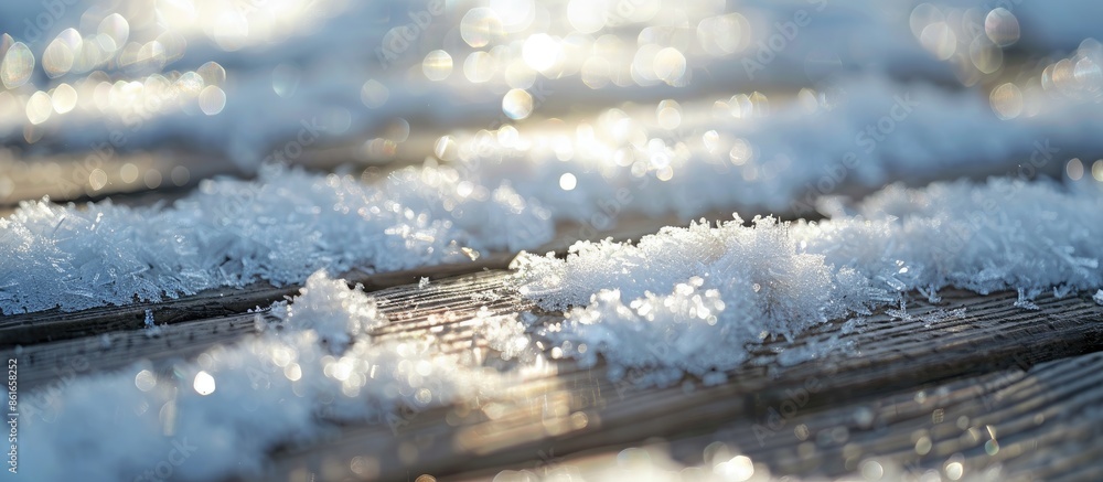 Poster snow's texture glistens in sunlight on a wooden board, providing a charming image with copy space.