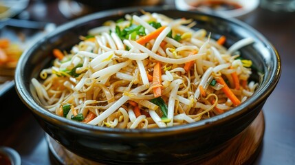 Stir-fried large noodles with soy sauce, bean sprouts, and carrots