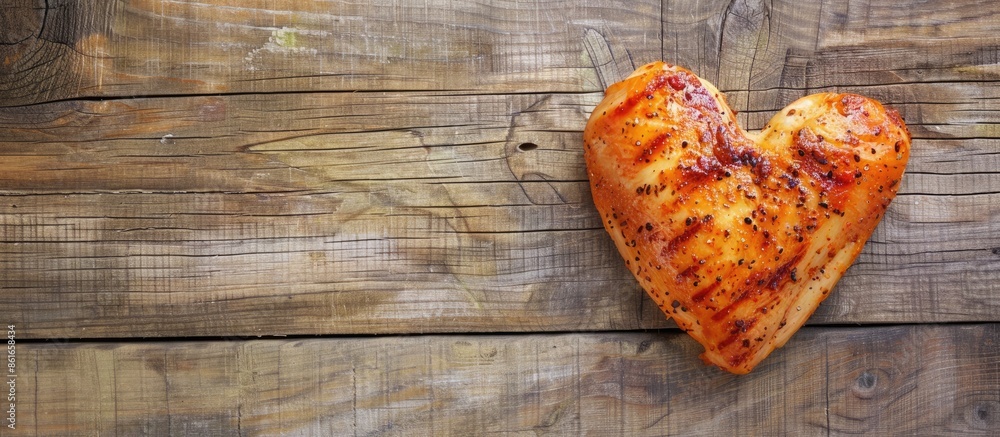 Poster a heart-shaped chicken steak is displayed on a wooden surface with copy space image available.