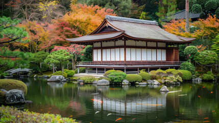 Fototapeta premium A tranquil Japanese garden in autumn, with vibrant red and orange leaves, koi ponds, and traditional teahouses.