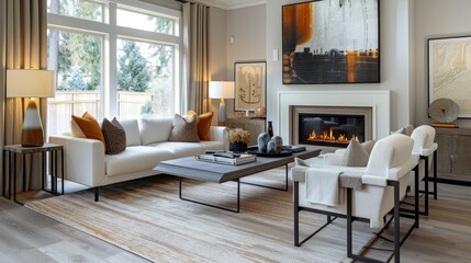 Stylish living room interior with a fireplace, modern decor, and elegant touches