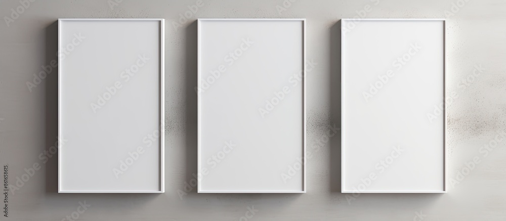 Aufkleber Three white rectangular poster mockups with soft shadows displayed on a neutral grey concrete wall with a top-down view for copy space image.