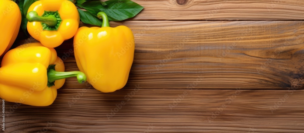 Leinwandbilder top view of vibrant yellow bell peppers on a rustic wooden surface with ample copy space for any add