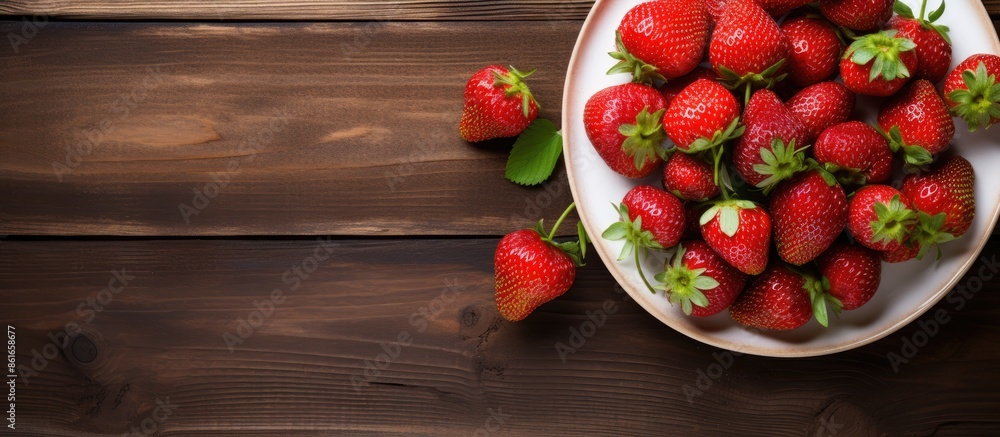 Aufkleber freshly harvested strawberries arranged on a rustic wooden backdrop in a white metal plate with a re