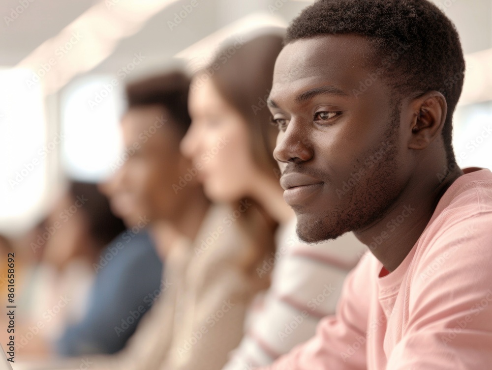 Poster young, diverse college students studying intensely in bright modern library—focused learning session