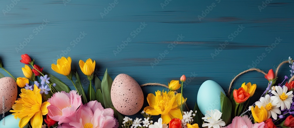 Poster celebrate easter with a vibrant flat lay featuring a bouquet of flowers and easter eggs showcased on