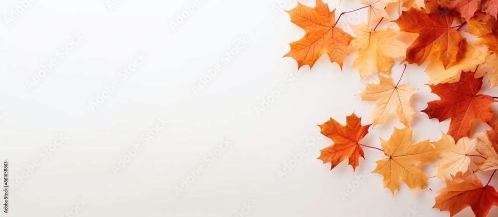 Poster autumn maple leaves against a light backdrop with copy space image.