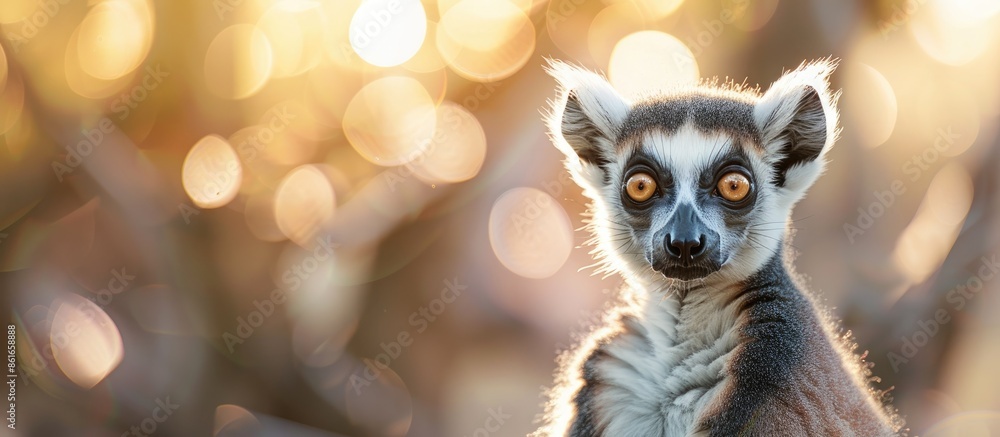 Aufkleber Blurry backdrop with a charming ring-tailed lemur in a close-up portrait, providing room for text in the image. with copy space image. Place for adding text or design