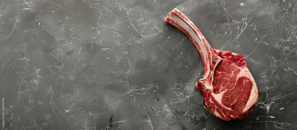 Poster A raw veal Tomahawk steak displayed on a butcher's table with a gray background in a top-view photograph featuring ample copy space.