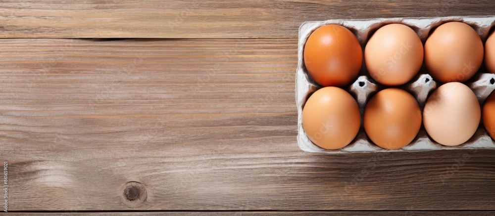 Aufkleber overhead view of organic farm eggs in a cardboard box and raw scrambled eggs on a gray wooden table,