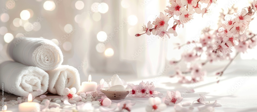 Poster capture the serene ambiance of a lovely spa setting against a white backdrop, perfect for showcasing