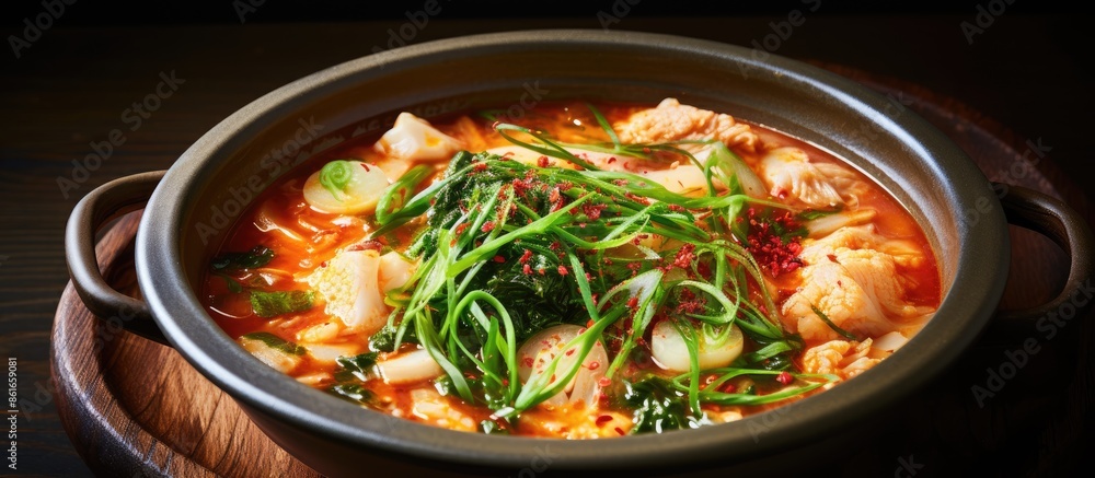 Poster delicious korean dish known as kimchi porridge. with copy space image. place for adding text or desi